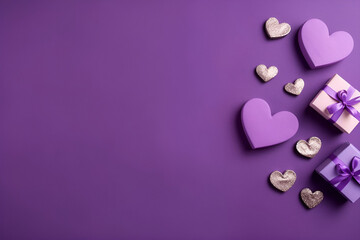 Flat lay top view of gift box and silver hearts on purple background with space for text or promotion and greeting message