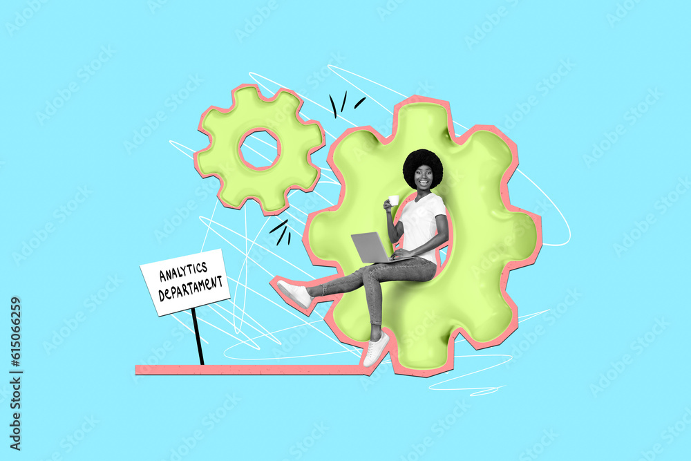 Aufkleber creative template graphics collage image of smiling lady working modern device analytics department 
