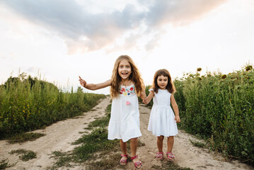Happy children running and jumping in a meadow at sunset. Two little girls having fun in nature. Little explorers. The family is relaxing outside the city. Happy childhood, harmony with nature.