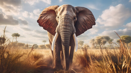 Obraz premium A majestic African elephant standing in a sunlit savannah, showcasing its enormous tusks. Vulnerability of this endangered species