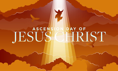 Sunset Ascension day of Jesus Christ. Paper origami style of Jesus Christ rising to heaven accompanied by doves and rays of heavenly light. Vector Illustration. EPS 10.