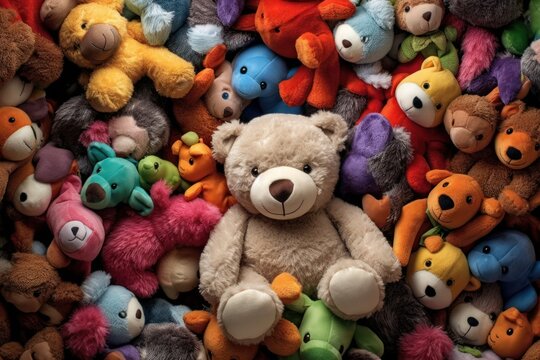 Cuddly bear surrounded by a rainbow of colorful stuffed animal toys