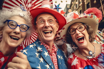 Group of mature people having fun at independence day. Celebration at the streets. 
