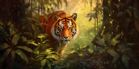A majestic Bengal Tiger emerges from the lush green foliage of an ancient rainforest, its striking orange fur contrasting against the vibrant shades of the surrounding leaves