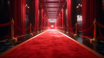 Red Carpet hallway with barriers and red ropes for Cinema and Fashion awards, a ceremony for celebrities persons. Generative AI
