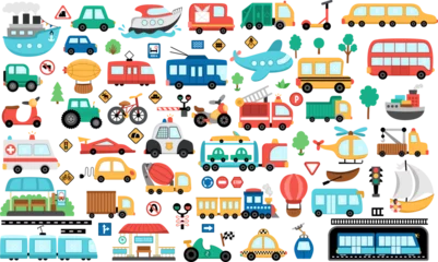 Foto op Canvas Vector transportation set. Funny water, land, air underground transport collection for kids. Cars and vehicles clipart. Cute train, truck, fire engine, metro, bus, plane, helicopter icons © Lexi Claus