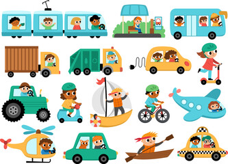 Vector transportation set with children. Funny water, land, air transport collection with drivers for kids. Cars and vehicles clip art. Cute car, train, truck, bus, plane, icons with passengers.