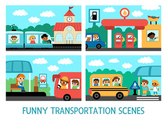 Fototapeta premium Vector transportation scenes set. Cute kids driving different transport. Horizontal landscapes with boys and girls on railway, gas station. Cartoon children on train, car, school bus, bus stop