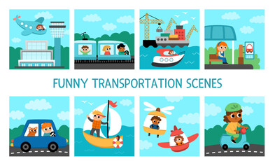 Vector transportation scenes set. Cute kids driving different transport. City, air, sea, road vehicles square landscapes with boys and girls. Cartoon children on a car, boat, train, plane