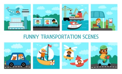 Poster Vector transportation scenes set. Cute kids driving different transport. City, air, sea, road vehicles square landscapes with boys and girls. Cartoon children on a car, boat, train, plane © Lexi Claus