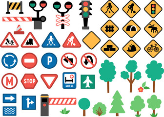 Vector road signs set. Railway and traffic street icons collection with barrier, semaphore, construction works cone. Cute highway rules clipart with trees, traffic lights