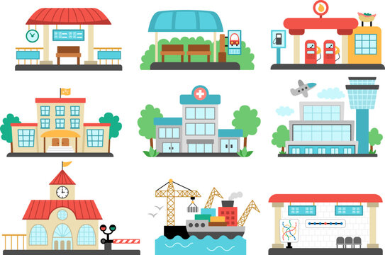 Vector city transportation places set. Bus stop, metro, railway, gas station clipart. Cute flat hospital, school, airport, seaport icons. Funny public transport destination points for town map.