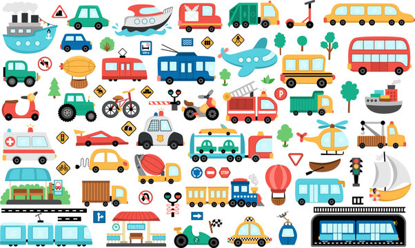 Vector transportation set. Funny water, land, air underground transport collection for kids. Cars and vehicles clipart. Cute train, truck, fire engine, metro, bus, plane, helicopter icons