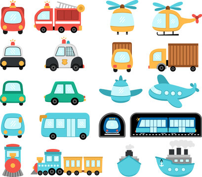 Vector transportation set with front and side view. Funny water, land, air underground transport collection for kids. Cars and vehicles clip art. Cute car, train, truck, bus, plane, icons .