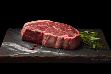 Food concept. Raw meat steak on black background with copy space. Generative AI