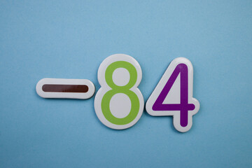 Colorful number -84, superimposed on a blue background.