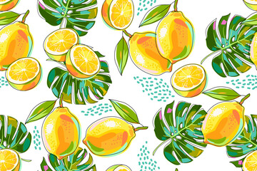 Seamless pattern with lemons and monstera leaves on a white background. Bright summer print with citrus fruits. Whole fruits, halves, leaves and abstract shapes. Cartoon. Vector illustration.