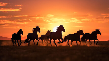 Fototapeta na wymiar Wide - angle photo portrait silhouette of horses running on plains, the sun is setting, silhouette of running stallions, wild horses running, dusk and sunse. Generative AI