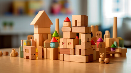 Wooden toy blocks on wooden table in the Children's room. Generative AI - obrazy, fototapety, plakaty