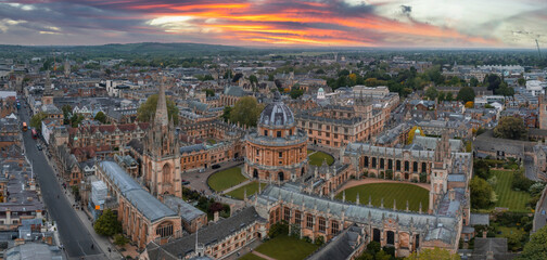 Aerial view over the city of Oxford with Oxford University. Radcliffe Camera and All Souls College,...