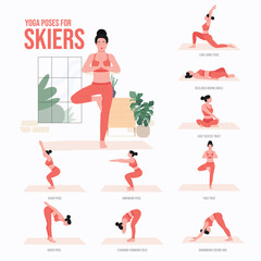 Yoga poses For Skiers. Young woman practicing Yoga pose. Woman workout fitness, aerobic and exercises.