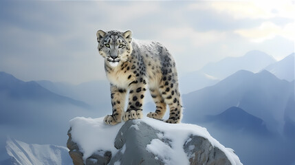 High in the misty mountains, a rare snow leopard, with its sleek silver-gray fur and piercing blue eyes, gazes stoically into the distance.