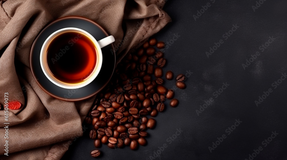 Wall mural Top view of Cup of coffee and coffee beans in a sack on dark background. Generative AI