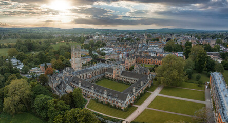 Aerial view over the city of Oxford with Merton College. Oxford University, Oxford, Oxfordshire,...