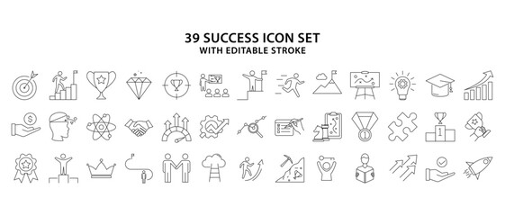Success icon set. Set line icon about success. 39 line icon about success. vector illustration. editable stroke.
