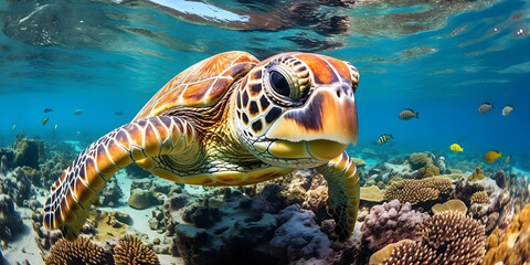 Fototapeta na wymiar Nestled within a vibrant coral reef, a majestic Hawksbill Sea Turtle glides effortlessly through crystal-clear turquoise waters