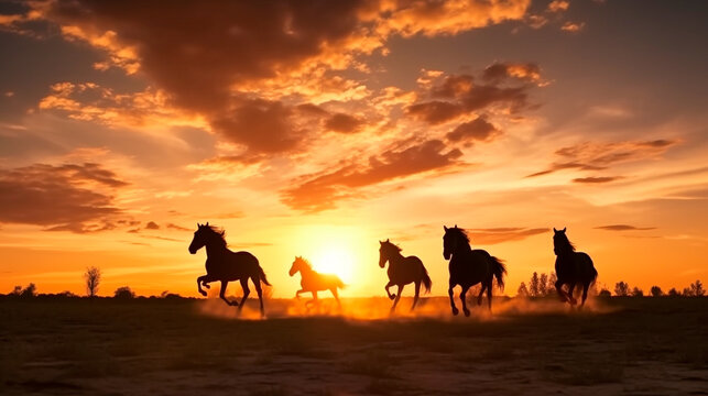 Wide - angle photo portrait silhouette of horses running on plains, the sun is setting, silhouette of running stallions, wild horses running, dusk and sunse. Generative AI