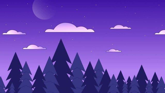 Star night woods lo fi animation. Starry sky above fairy forest skyline. Cloudscape. Animated 2D cartoon landscape. Chill lofi music 4K video vaporwave background, alpha channel transparency