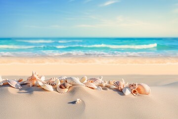 Fototapeta na wymiar Seashells on the sand at a tropical beach with clear sky