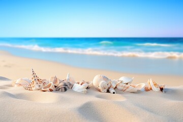Seashells on the sand at a tropical beach with clear sky