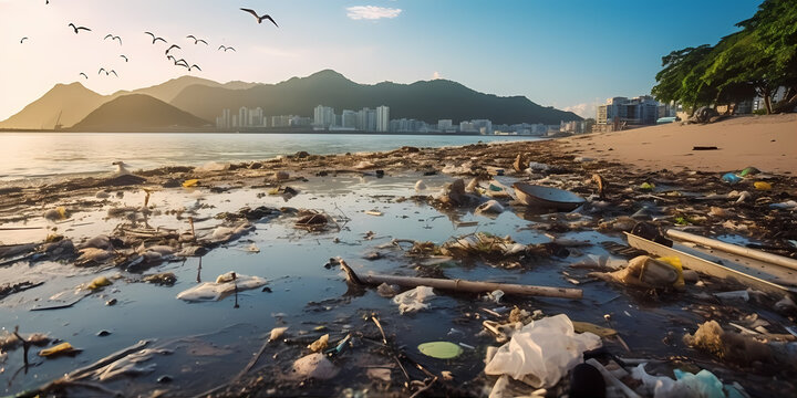 A polluted coastline with trash strewn across the sand and plastic bottles floating in the polluted water