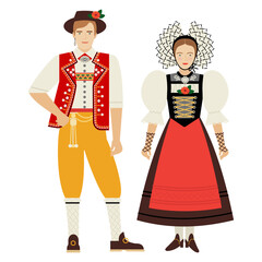 girl and young man in Swiss folk costume isolated on a white background. couple of young people in the national traditional clothes of Switzerland. flat drawing in cartoon style. stock vector EPS.