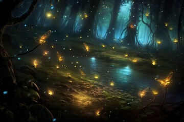 Obraz na płótnie Canvas Many small fireflies in the dark magical forest Generative AI