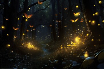 Obraz premium Many small fireflies in the dark magical forest Generative AI