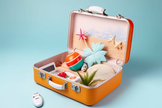 Suitcase with landmarks in it and other holiday stuff in a blue background. Travel concept