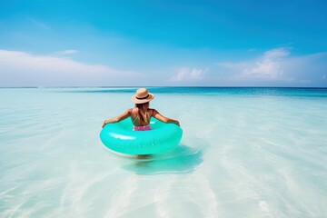 Person enjoying a tropical beach with teal waters and blue sky