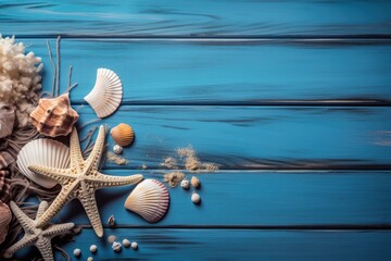 Starfish, seashell and other sea stuff in a blue background. Travel concept