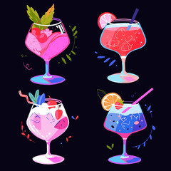 Set of cocktails. Hand drawn vector illustration in sketch style. Colorful cocktails on dark background. Cocktail party.