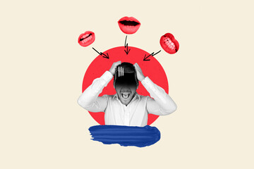 Artwork collage portrait of talking mouth abusing bullying black white colors stressed guy isolated...