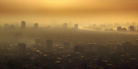Naklejka premium Urban landscape covered in layers of smog, revealing the harmful effects of air pollution
