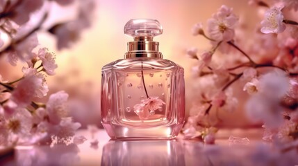Obraz na płótnie Canvas Product shoot, advertising blockbuster, a bottle of perfume made of transparent glass, pink tones, against the background of pink flowers, natural light, transparent,