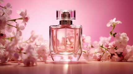 Obraz na płótnie Canvas Product shoot, advertising blockbuster, a bottle of perfume made of transparent glass, pink tones, against the background of pink flowers, natural light, transparent,