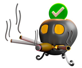 3d skull ashtray with cigarette, cigar, check mark isolated. 3d render illustration