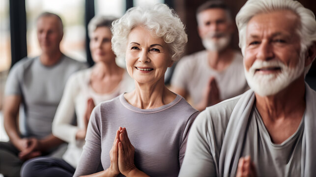 yoga class with a group of elderly people learning new poses and exercising mindfulness and positivity