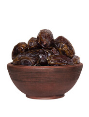 Juicy dates in a clay bowl isolated on transparent background, png, healthy snack. Dietary product, antidepressant.