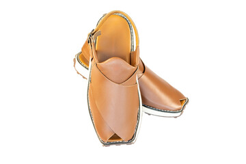 Leather Peshawari chappal footwear Flipflop isolated on white background.